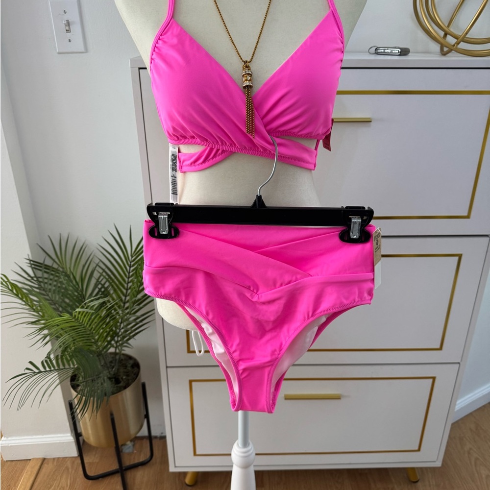 PINK Victoria's Secret Bright Hot Pink Wrap Bikini Set